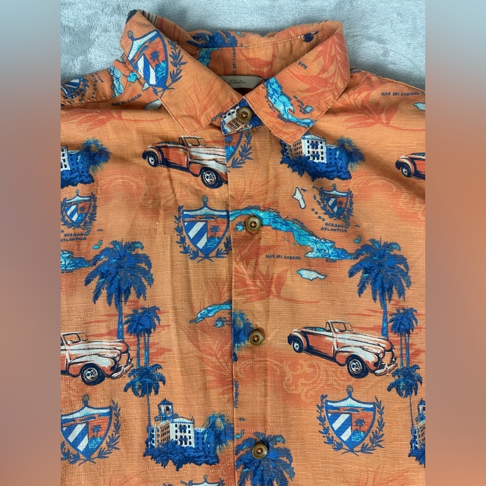 Paradise Collection Hawaiian Shirt Mens Large 100% Silk Map Cars‎ Button Up